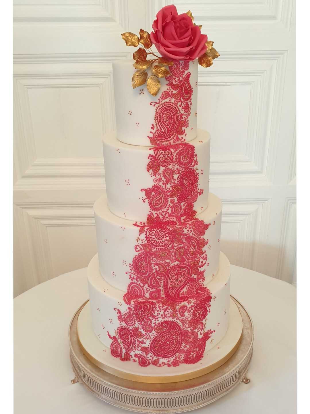 White pink gold wedding cake henna mehndi wedding cake asian wedding cake Hengrave Hall Suffolk Wedding