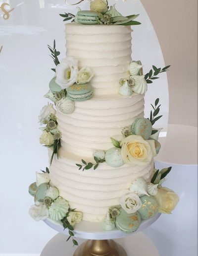 Buttercream Wedding Cake with Meringues Macarons Sage green mint green wedding Prested Hall Essex Wedding Cake