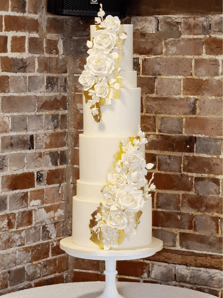 White Gold Sugar Flower Tall Wedding Cake London UK | The Honey Bee Wedding Cake Company
